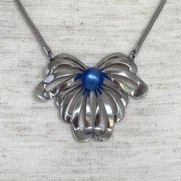 VTG Sterling Silver 925 Forstner Blue Cats Eye Glass Floral Pendant Necklace 16" - Picture 11 of 16